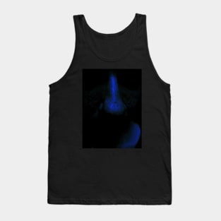 Portrait, digital collage and special processing. Close up to face, nose. Weird and dark. Very dim, blue. Tank Top